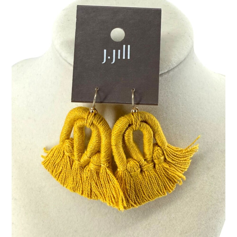 J. Jill Macrame Tassel Earrings Yellow Fringe Boho Statement Dangle Vacation NWT - Picture 3 of 13